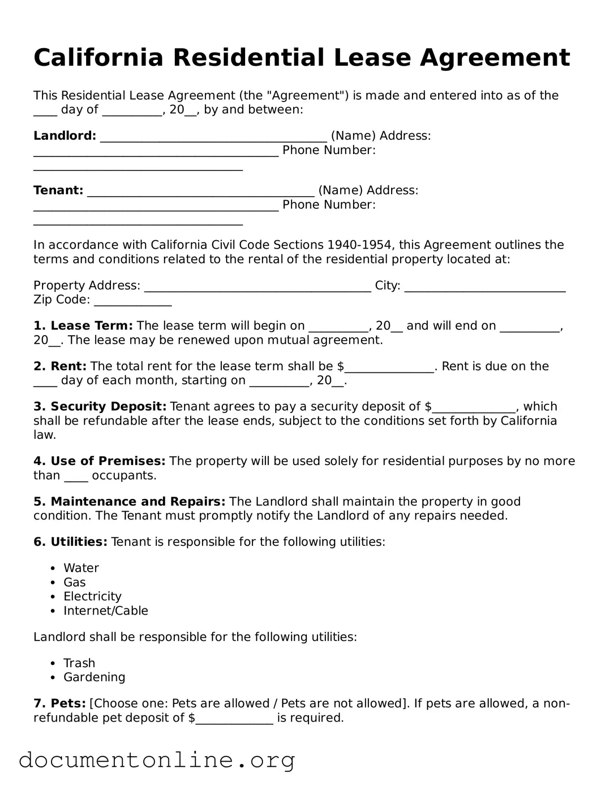 Free Residential Lease Agreement Form for California State