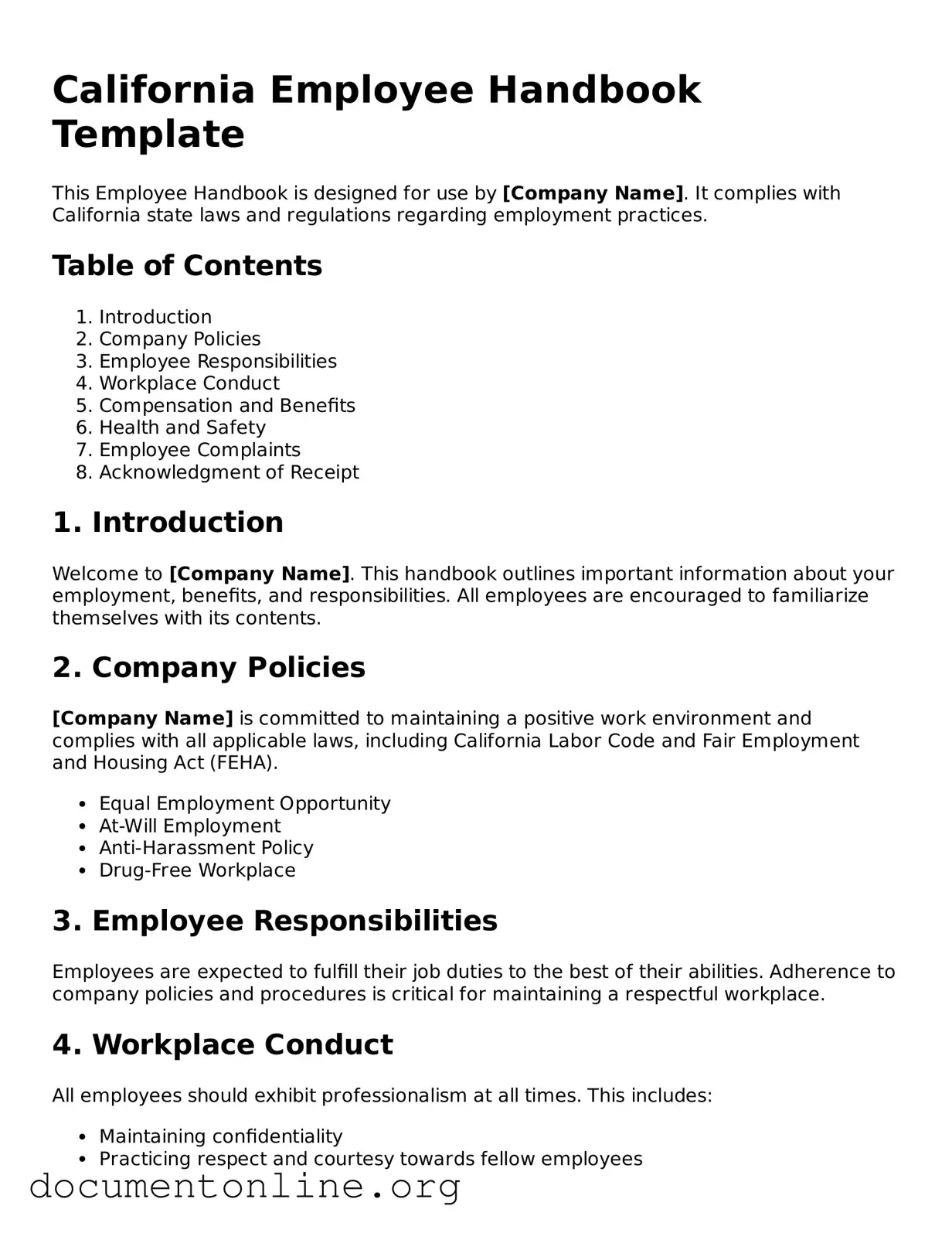 Free Employee Handbook Form for California State