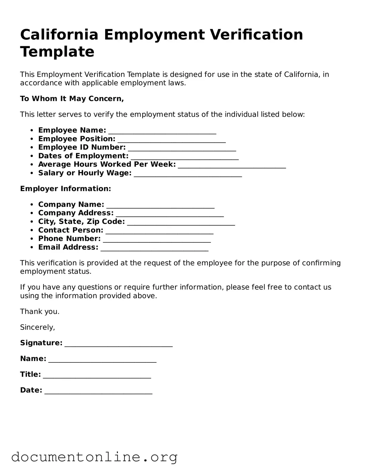 Free Employment Verification Form for California State