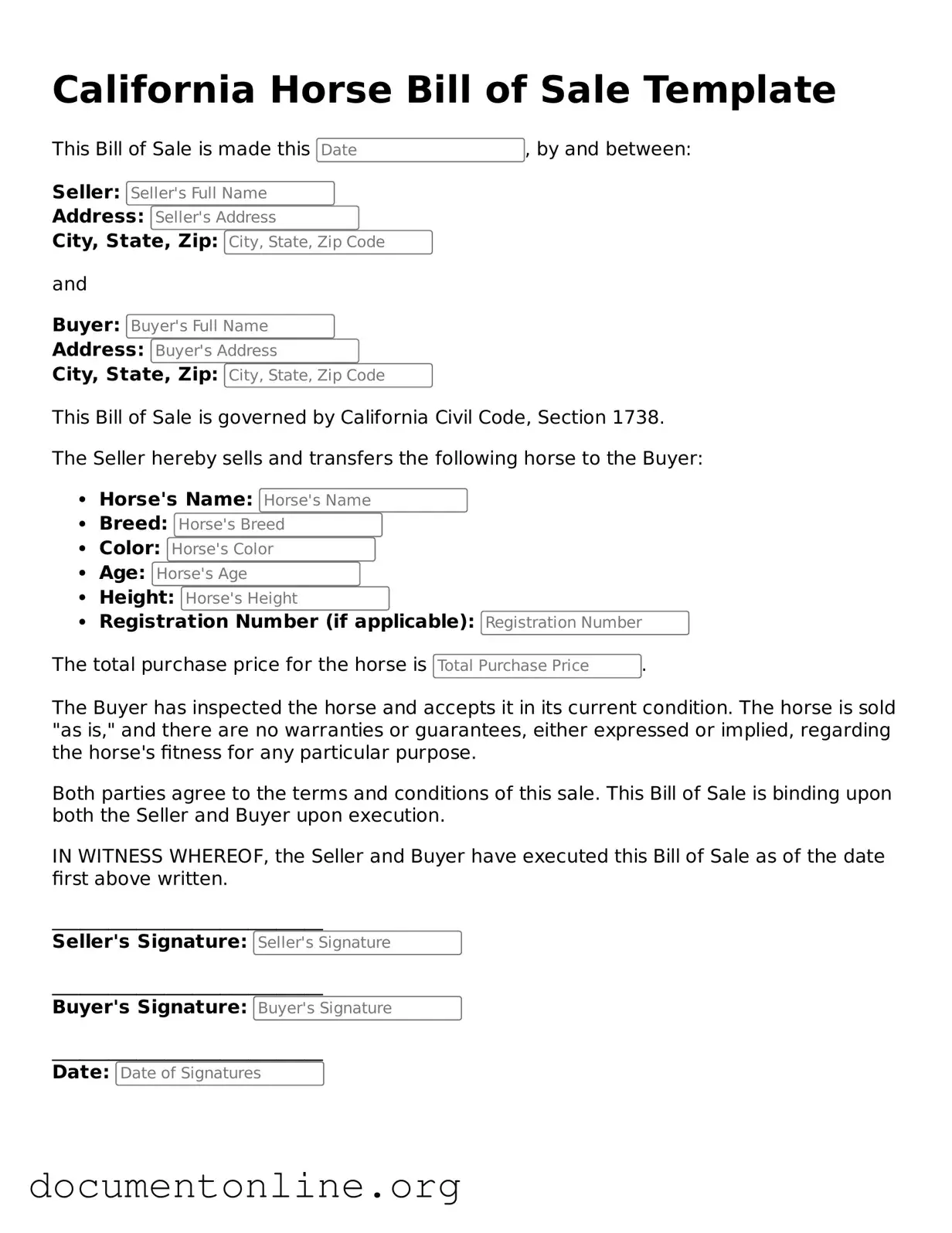 Free Horse Bill of Sale Form for California State