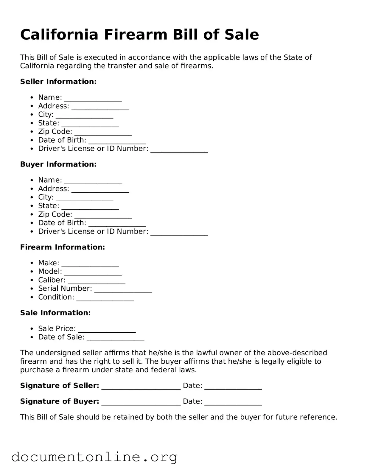 Free Firearm Bill of Sale Form for California State