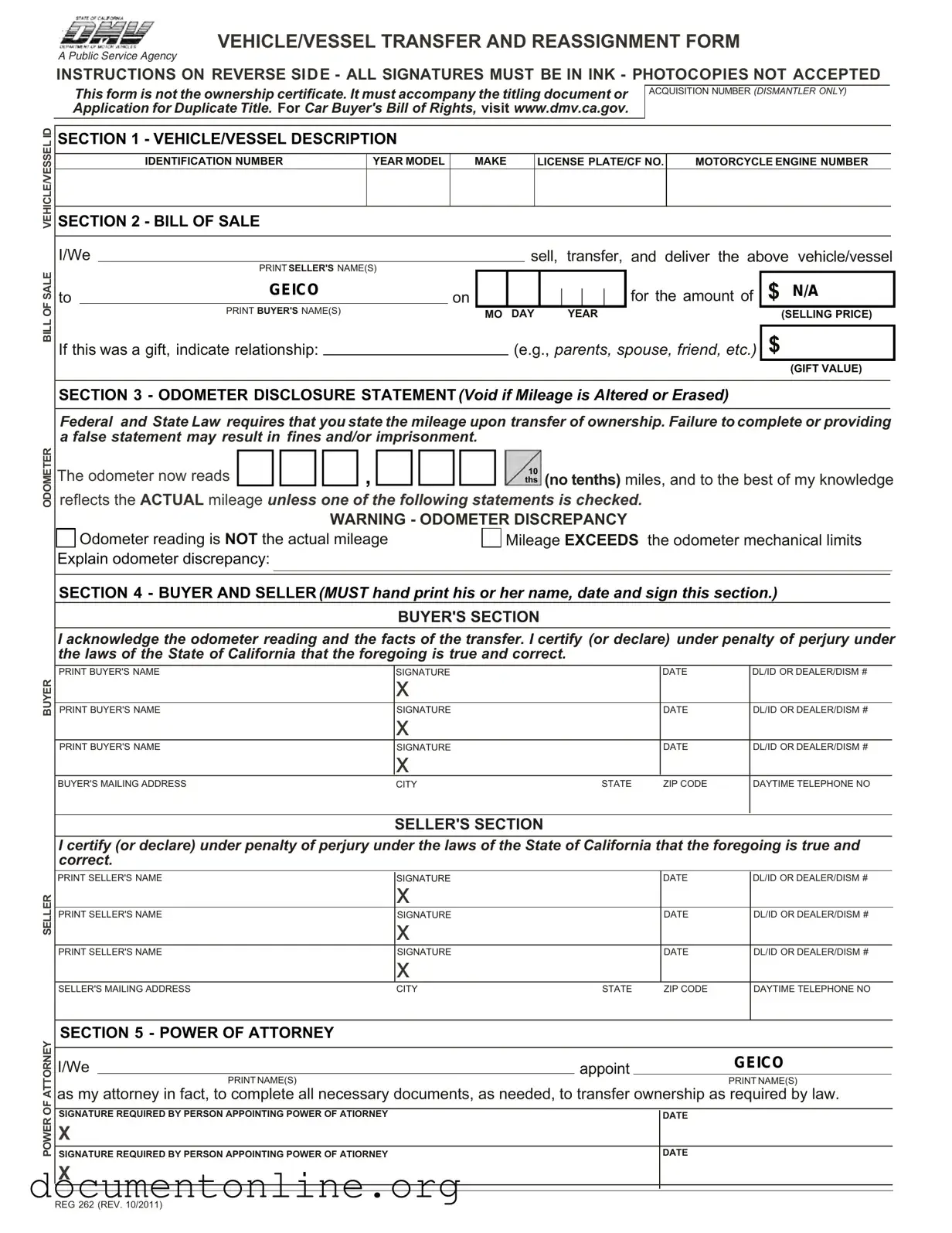 Free California Fotm Reg 262 Template