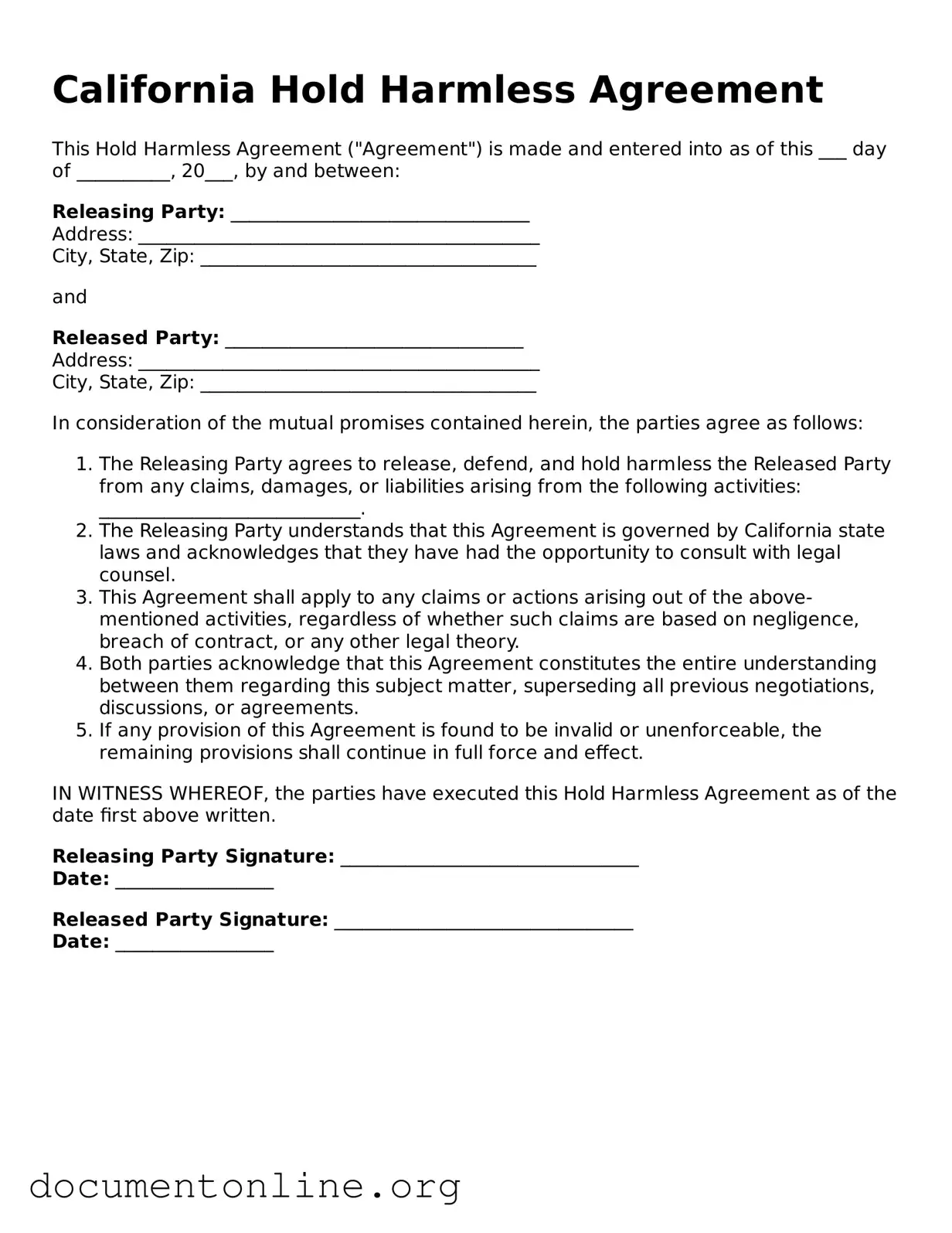 Free Hold Harmless Agreement Form for California State