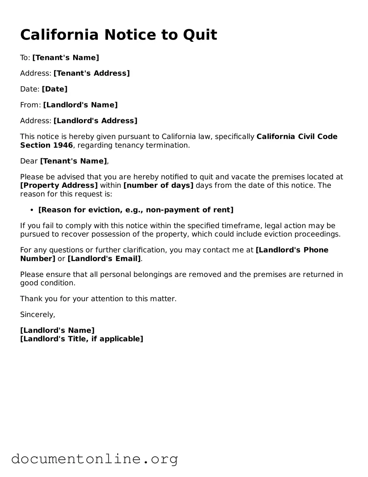 Free Notice to Quit Form for California State