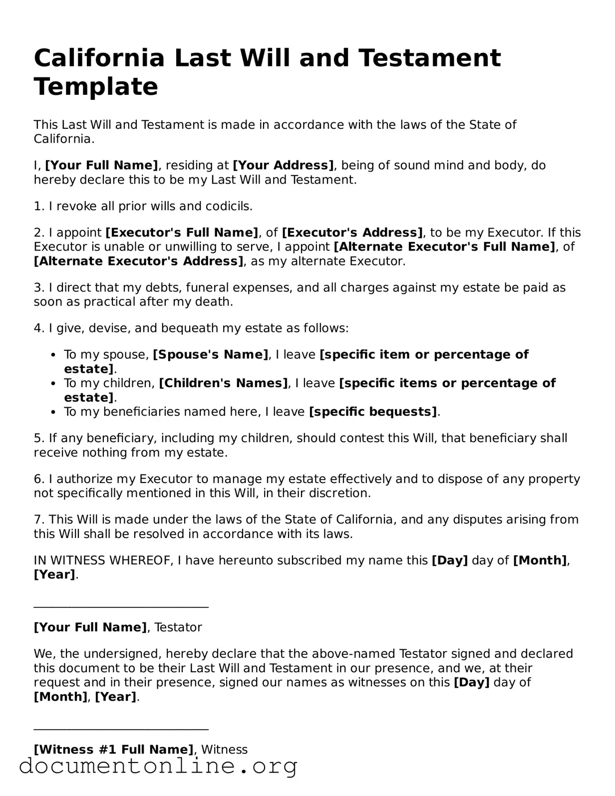 Free Last Will and Testament Form for California State