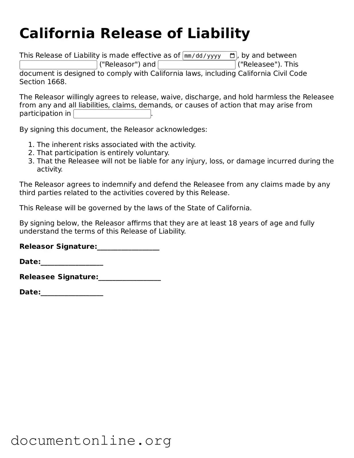 Free Release of Liability Form for California State