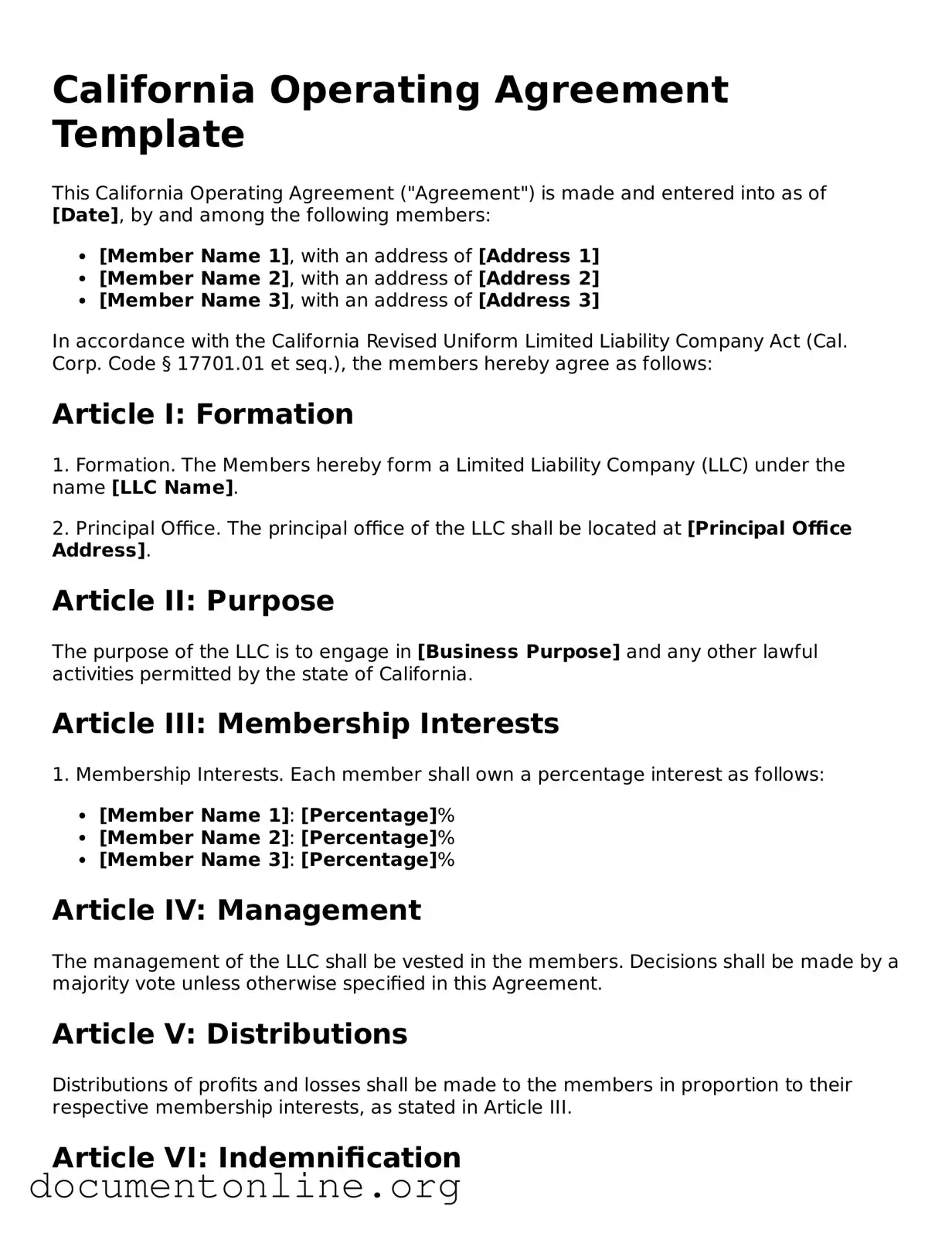 Free Operating Agreement Form for California State