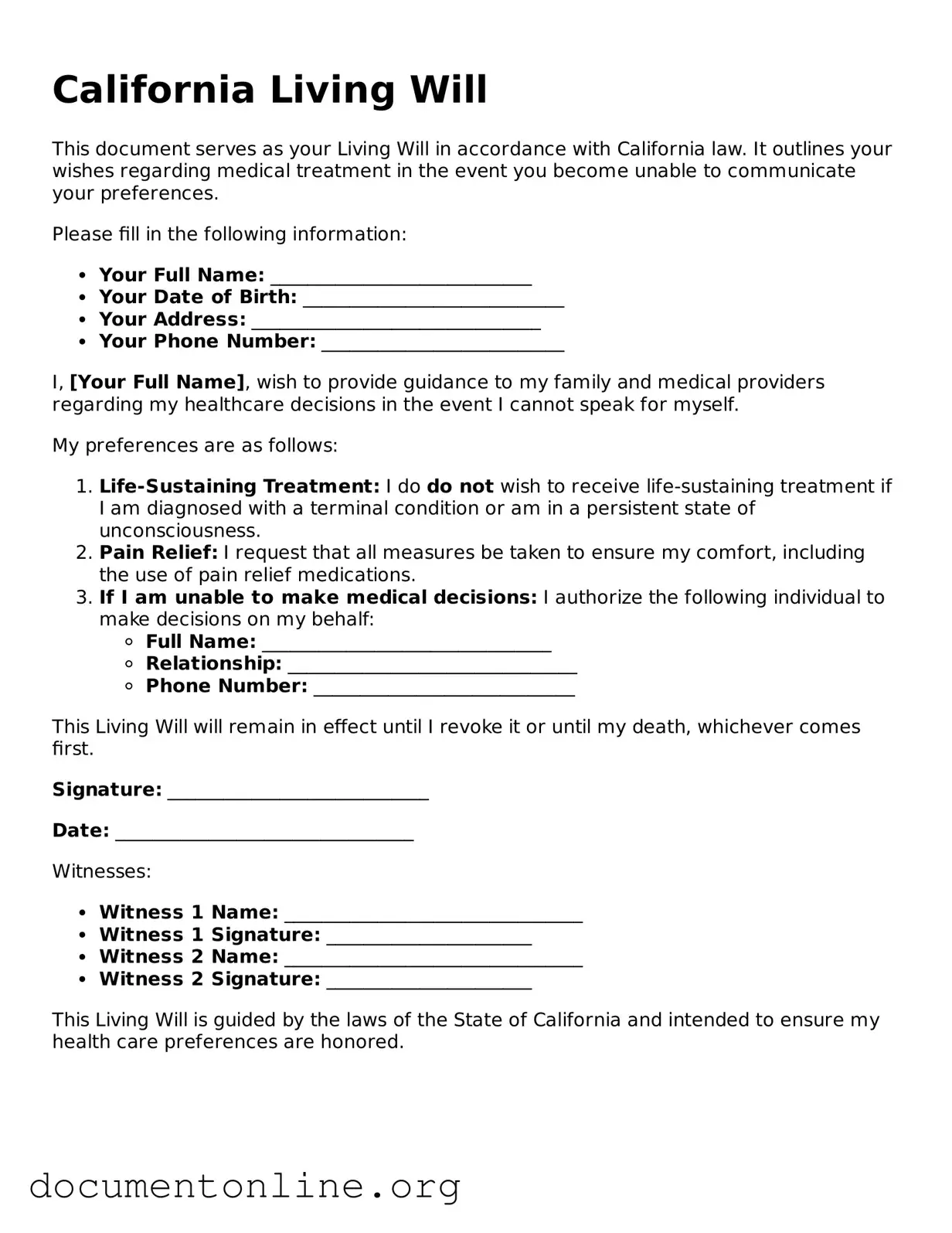 Free Living Will Form for California State