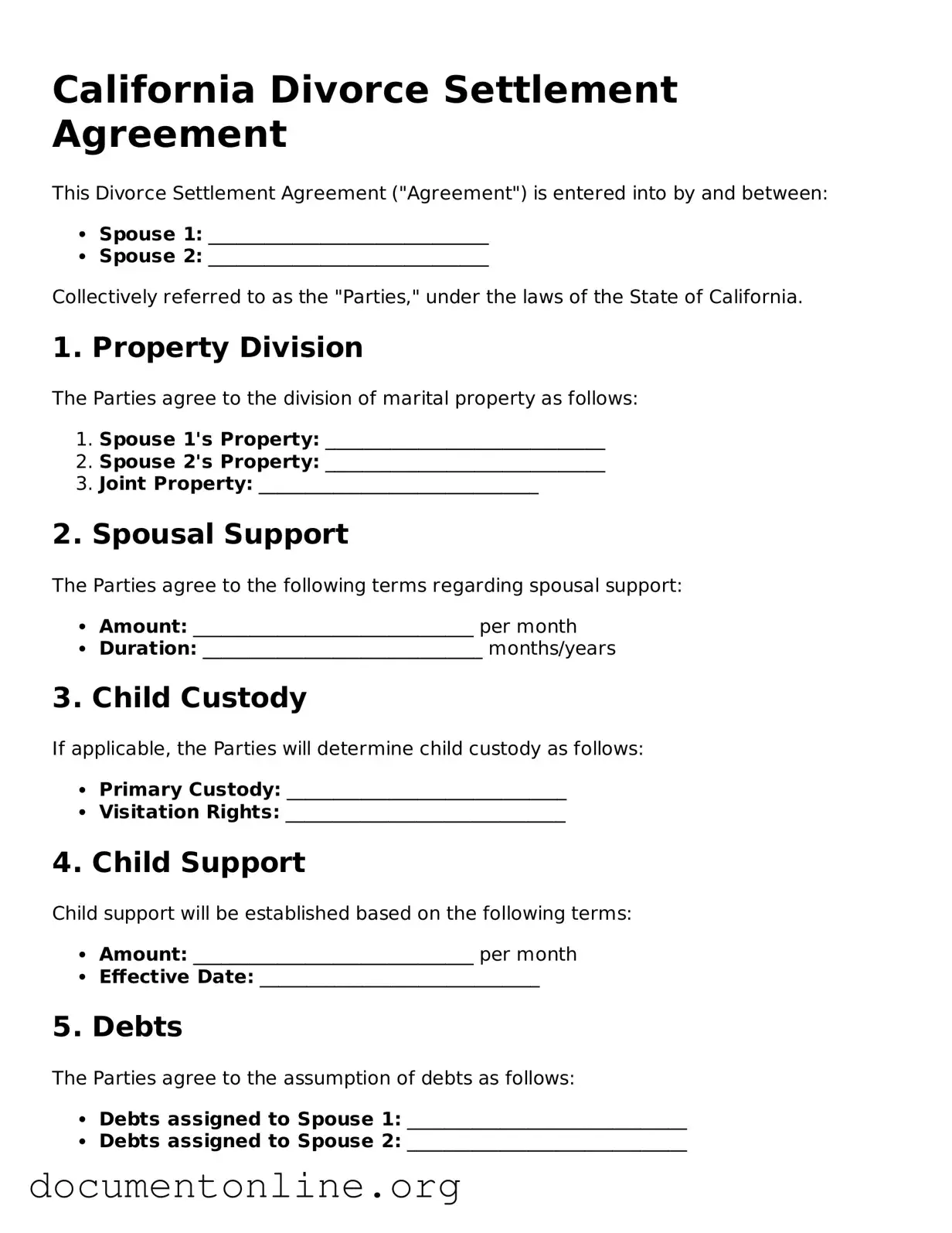 Free Divorce Settlement Agreement Form for California State
