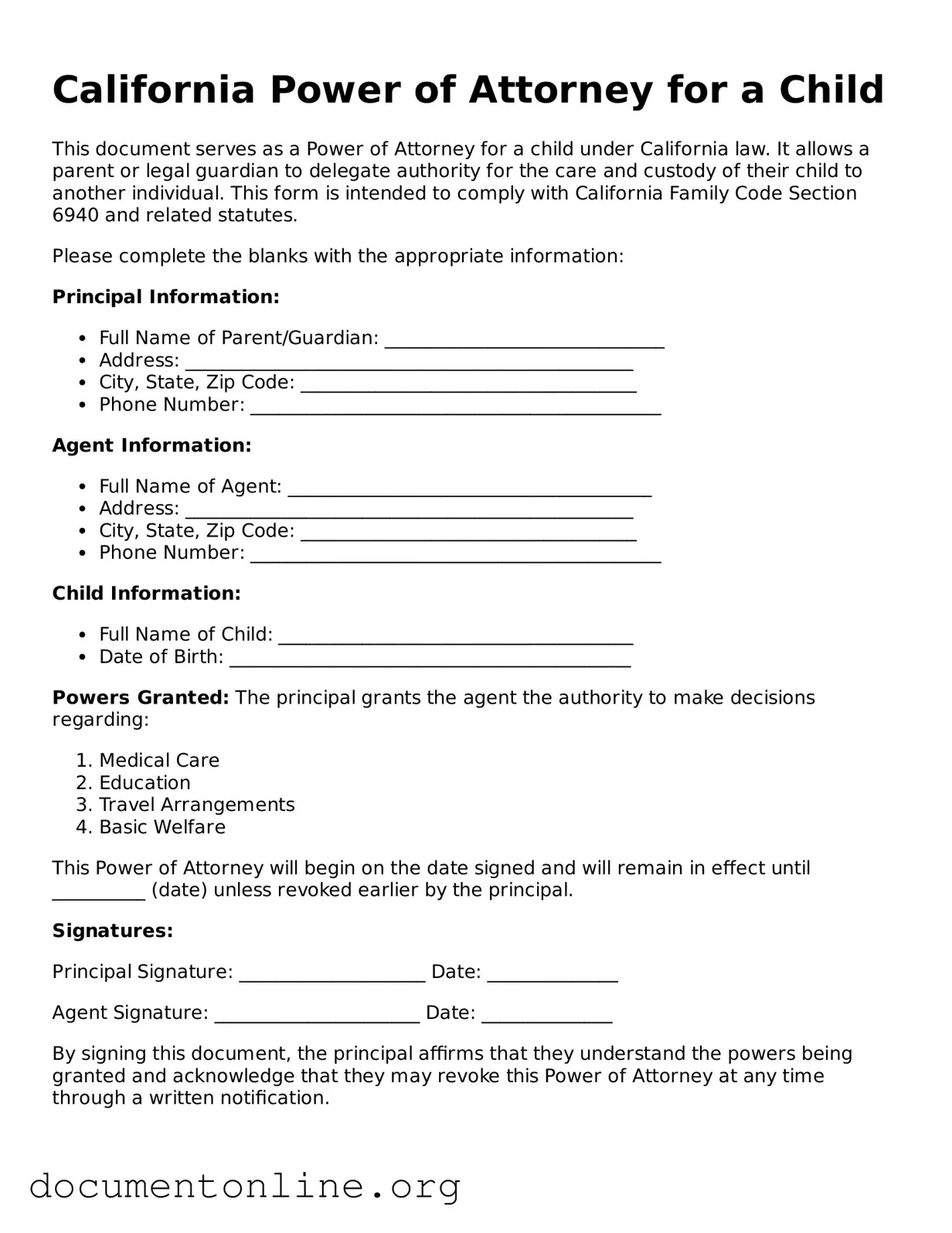Free Power of Attorney for a Child Form for California State