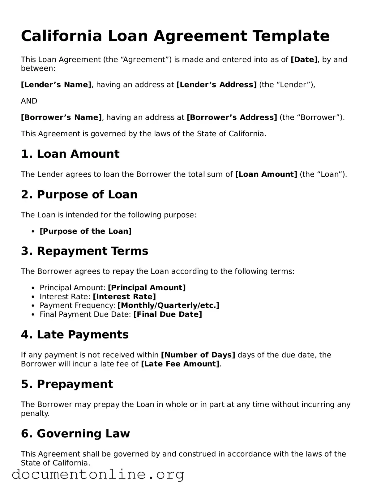 Free Loan Agreement Form for California State