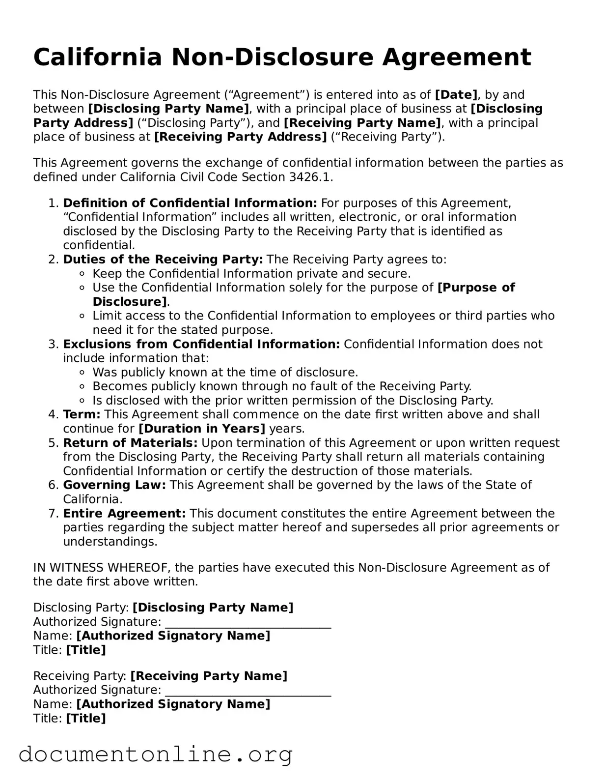 Free Non-disclosure Agreement Form for California State