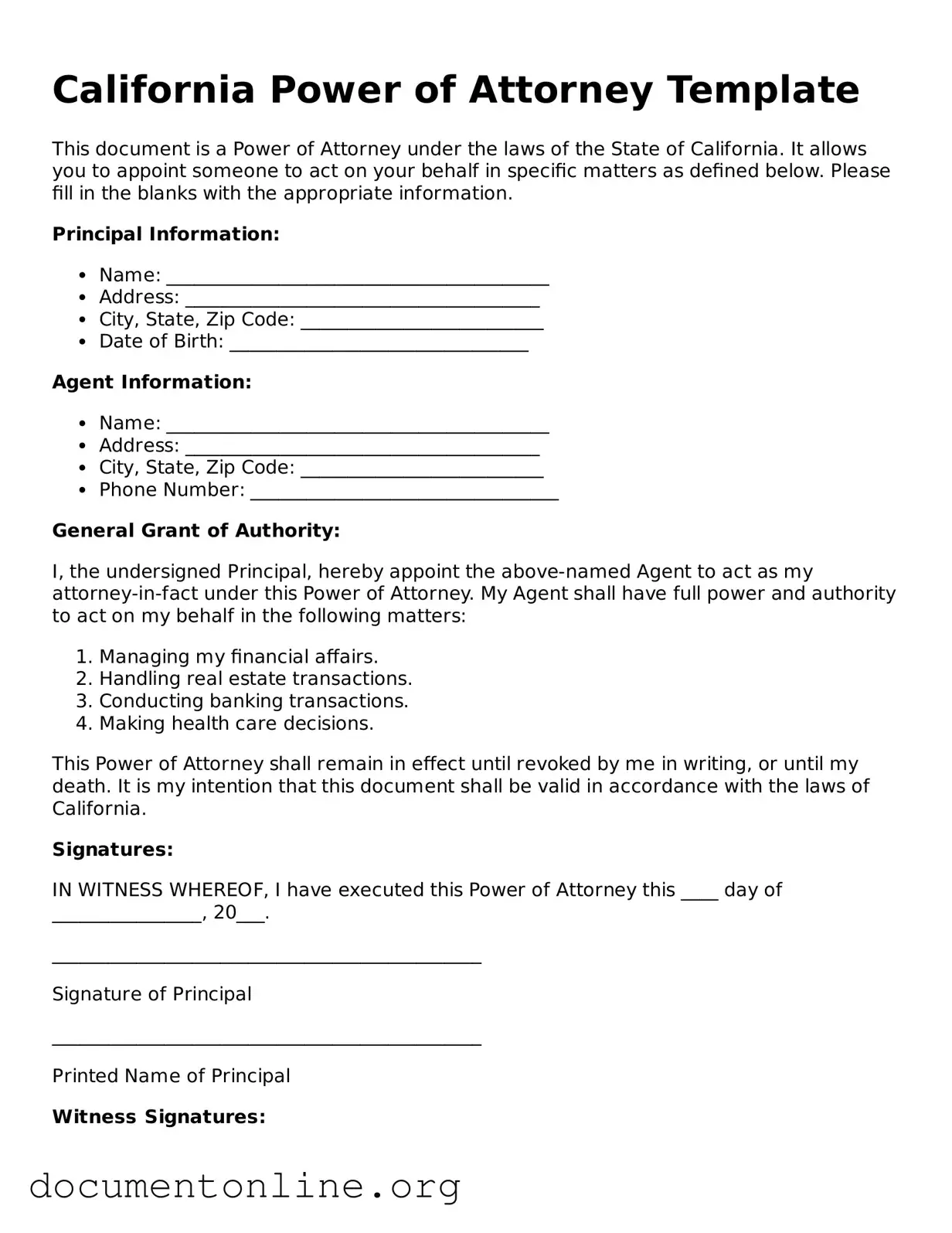 Free Power of Attorney Form for California State