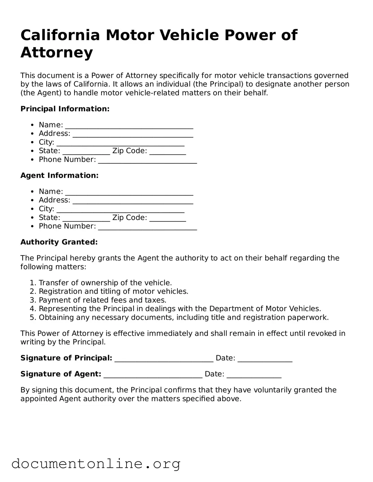 Free Motor Vehicle Power of Attorney Form for California State