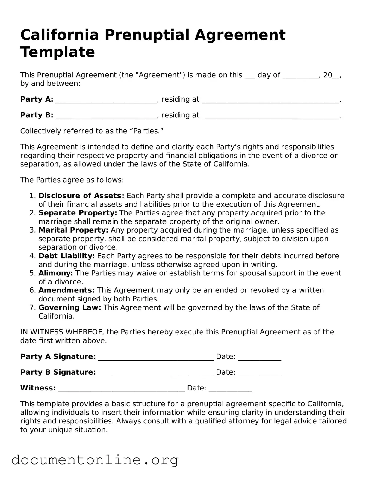 Free Prenuptial Agreement Form for California State