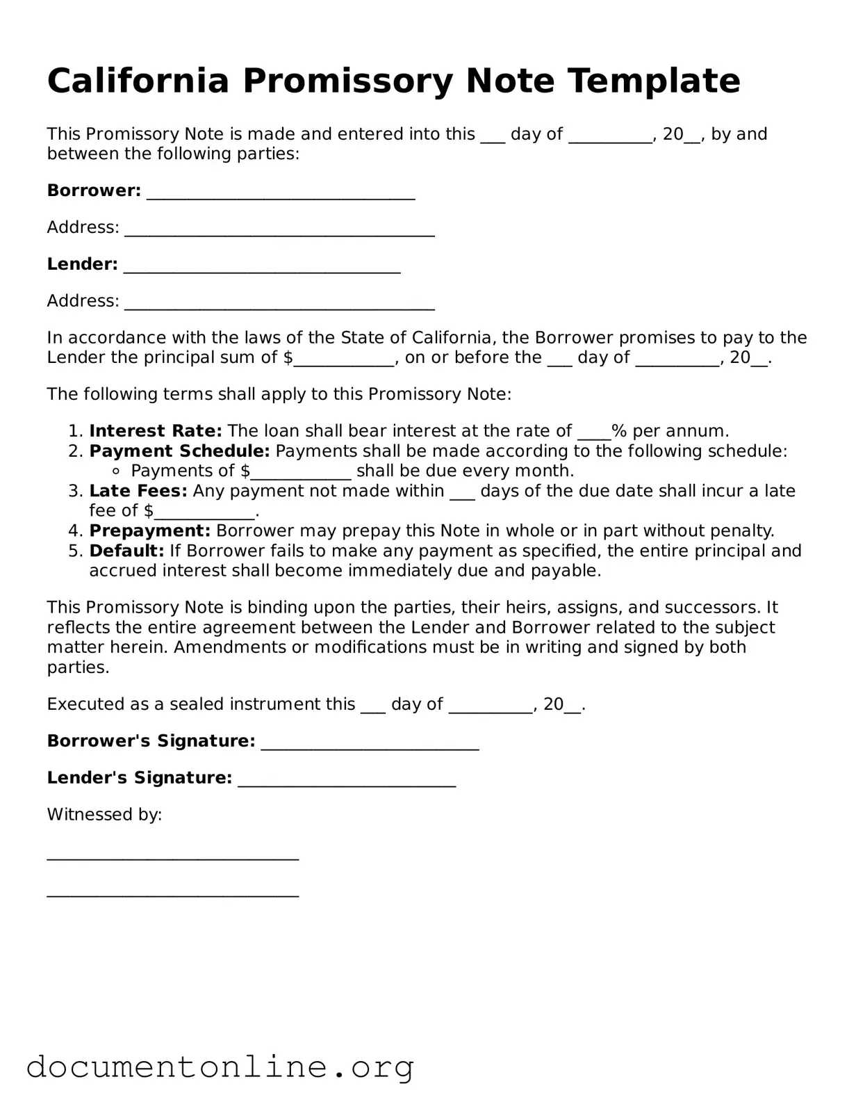 Free Promissory Note Form for California State
