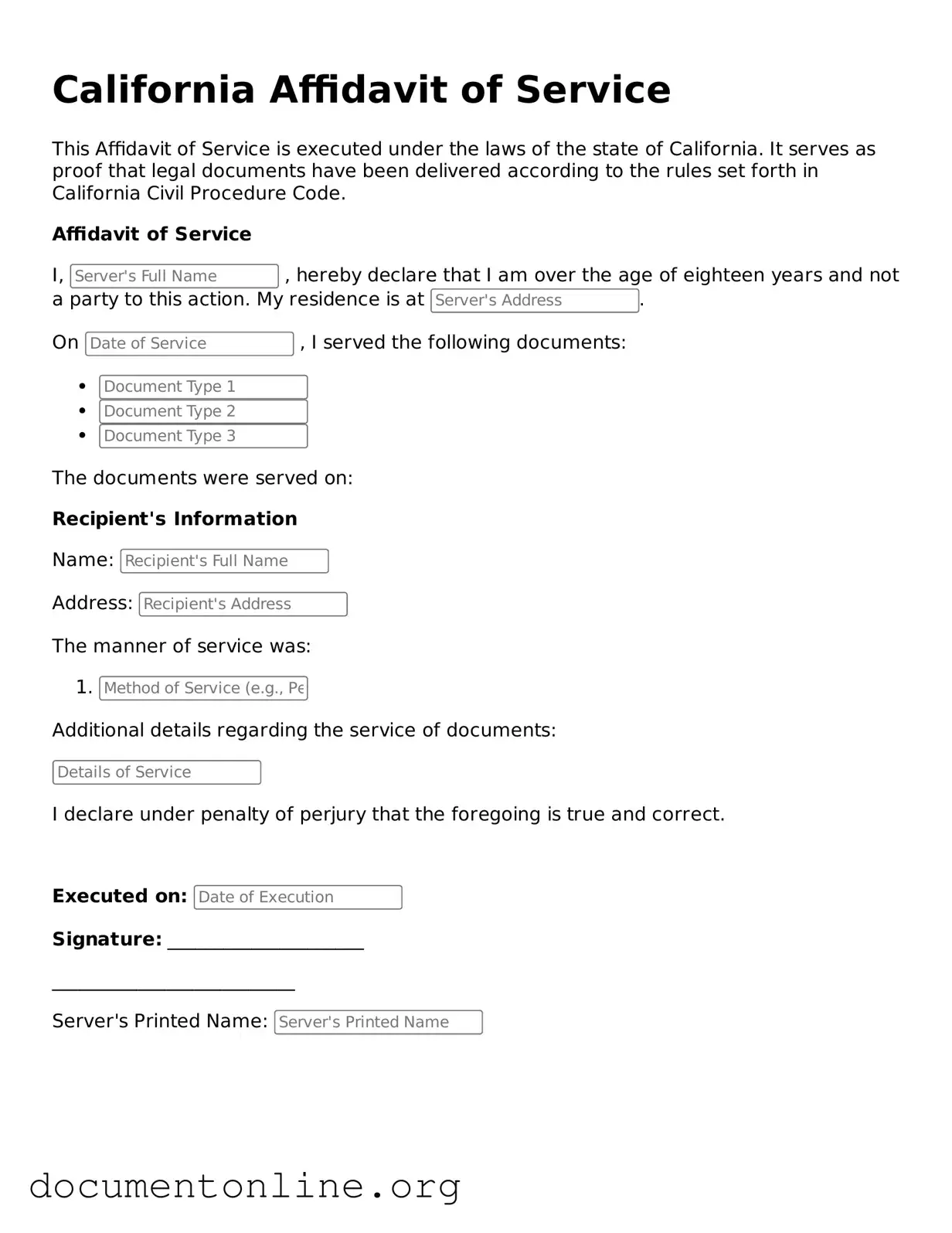 Free Affidavit of Service Form for California State