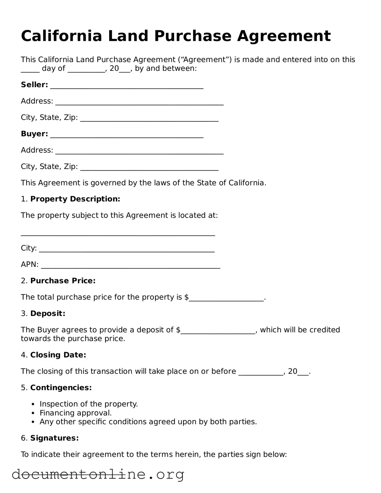 Free Land Purchase Agreement Form for California State