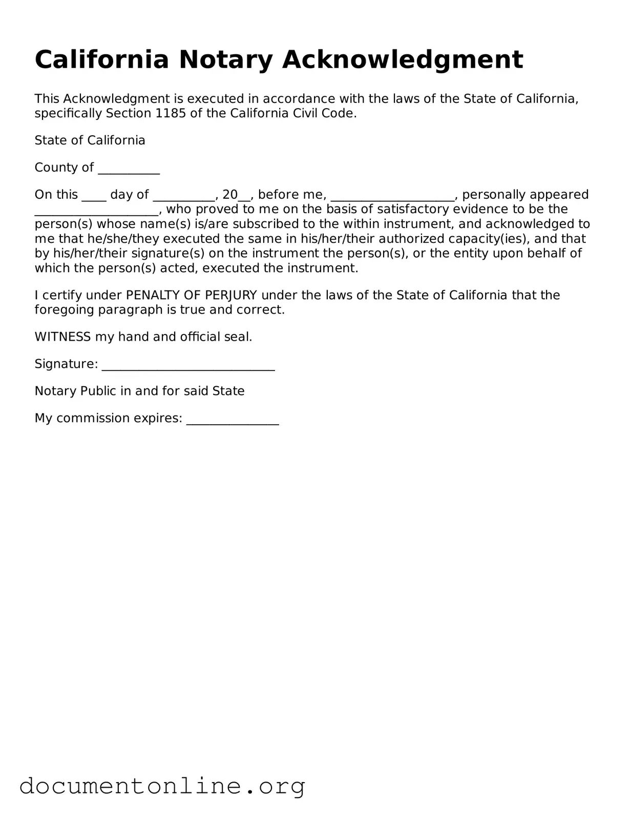 Free Notary Acknowledgement Form for California State