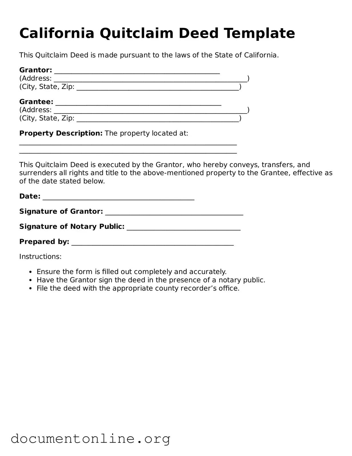 Free Quitclaim Deed Form for California State