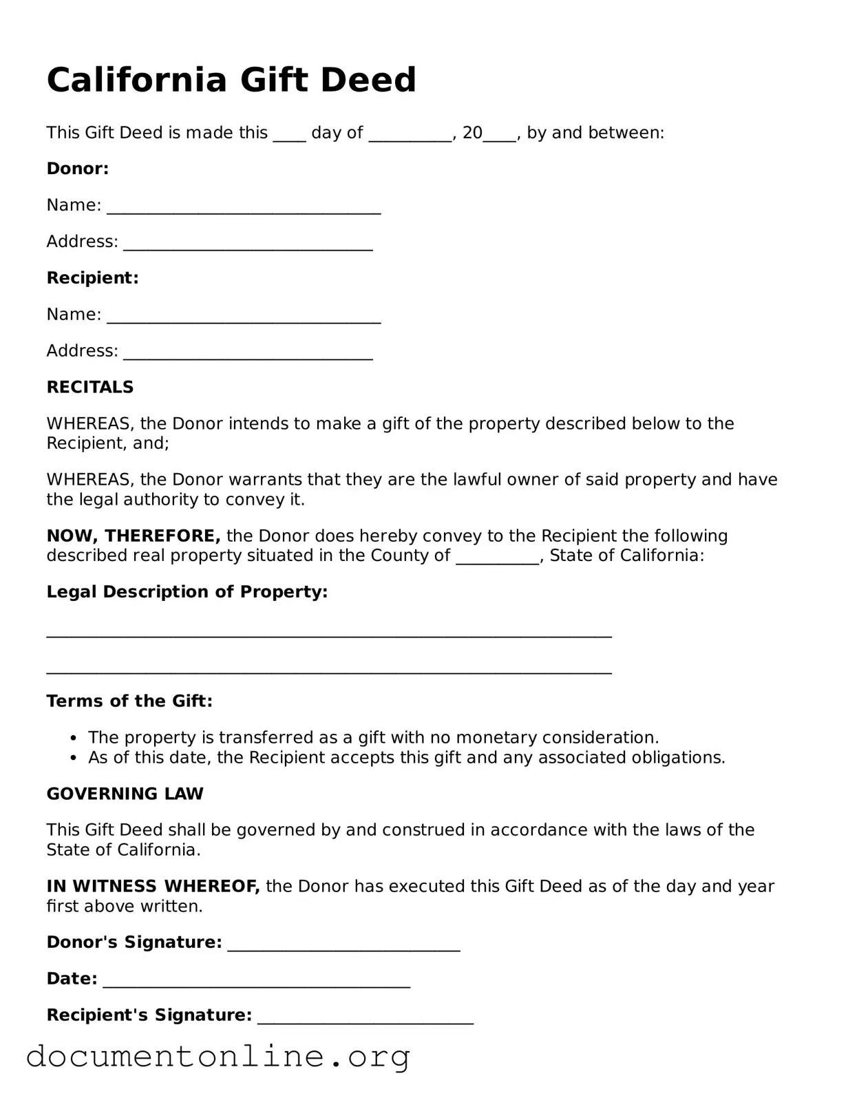 Free Gift Deed Form for California State
