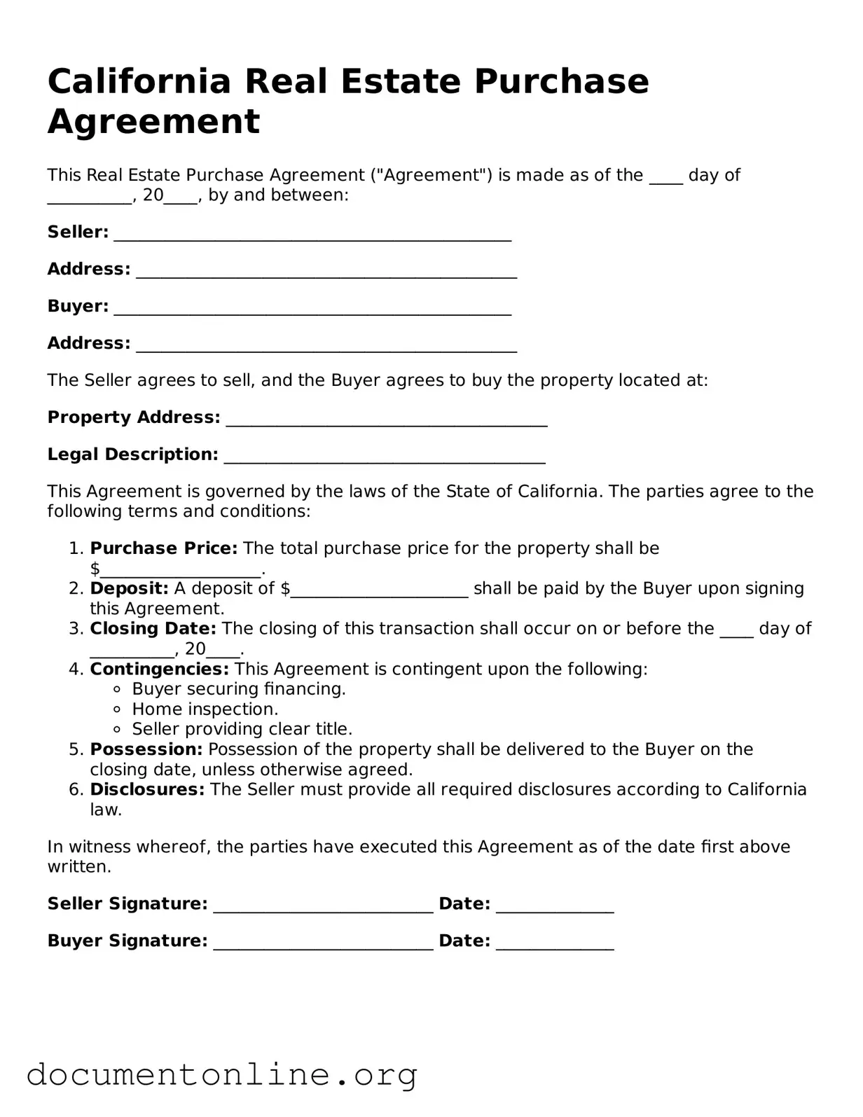 Free Real Estate Purchase Agreement Form for California State