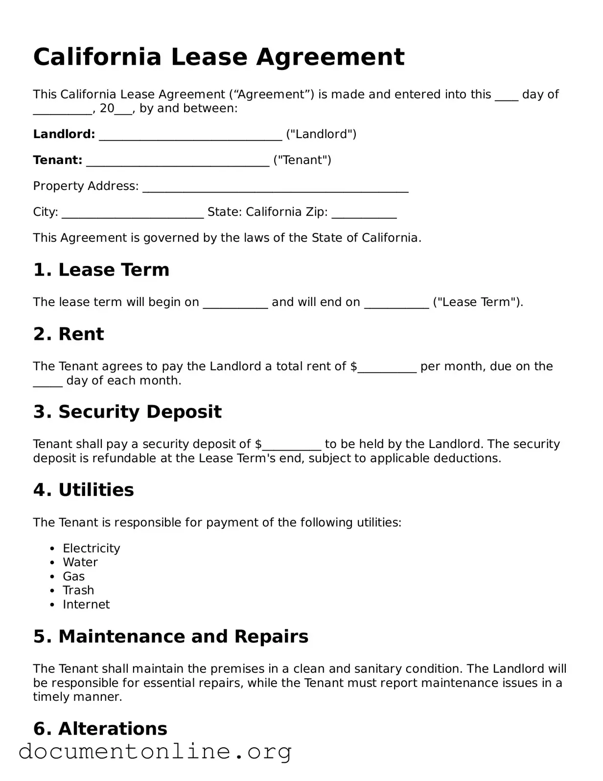 Free Lease Agreement Form for California State