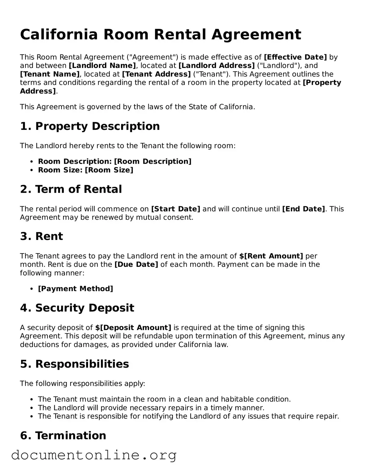 Free Room Rental Agreement Form for California State