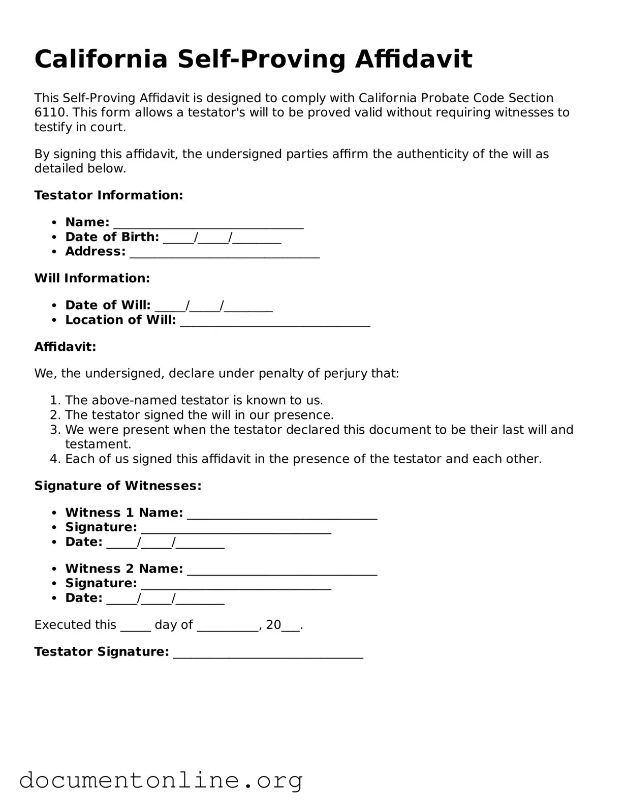 Free Self-Proving Affidavit Form for California State