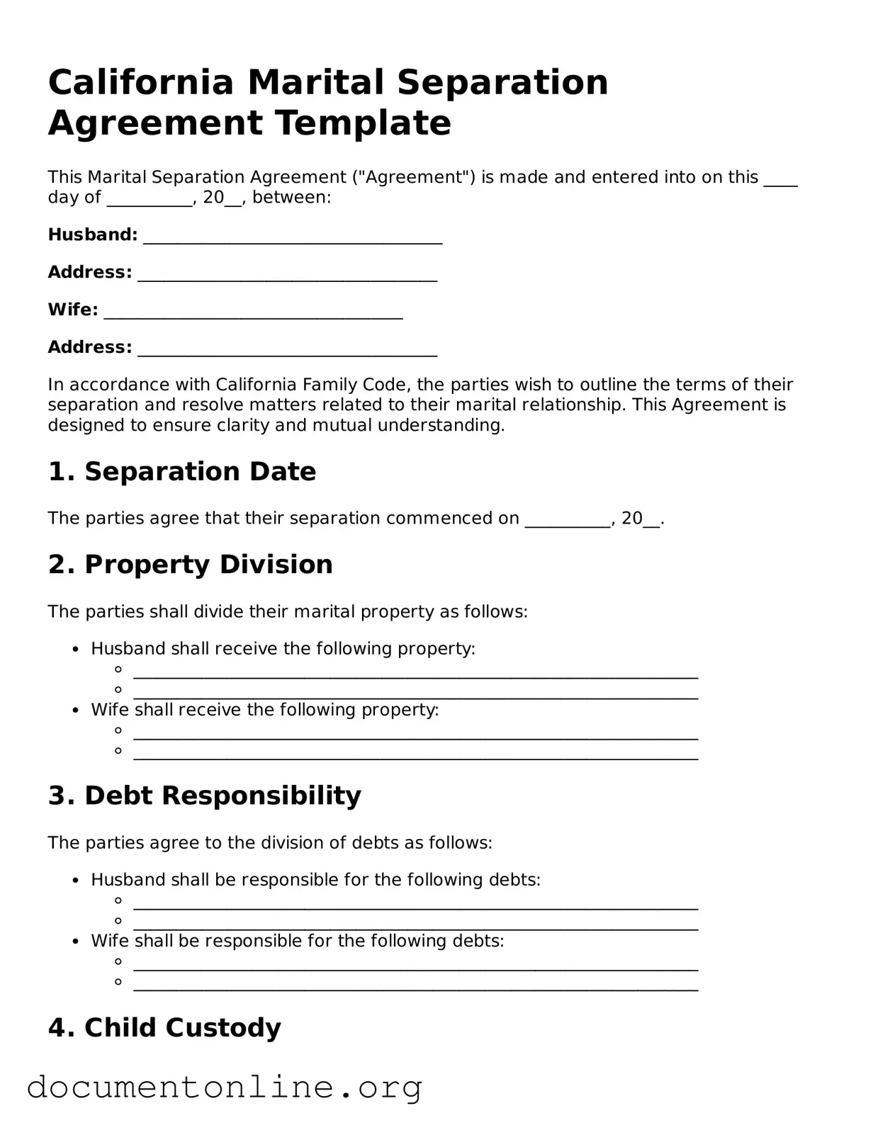 Free Marital Separation Agreement Form for California State
