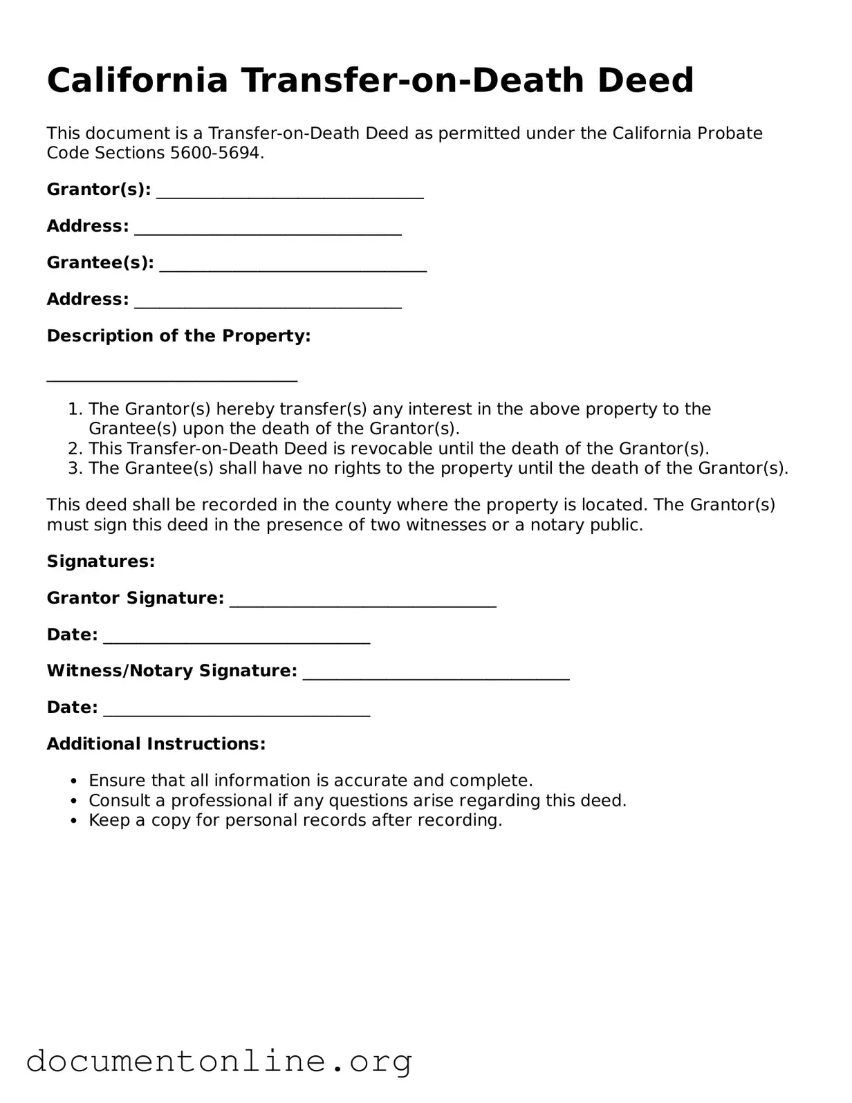 Free Transfer-on-Death Deed Form for California State