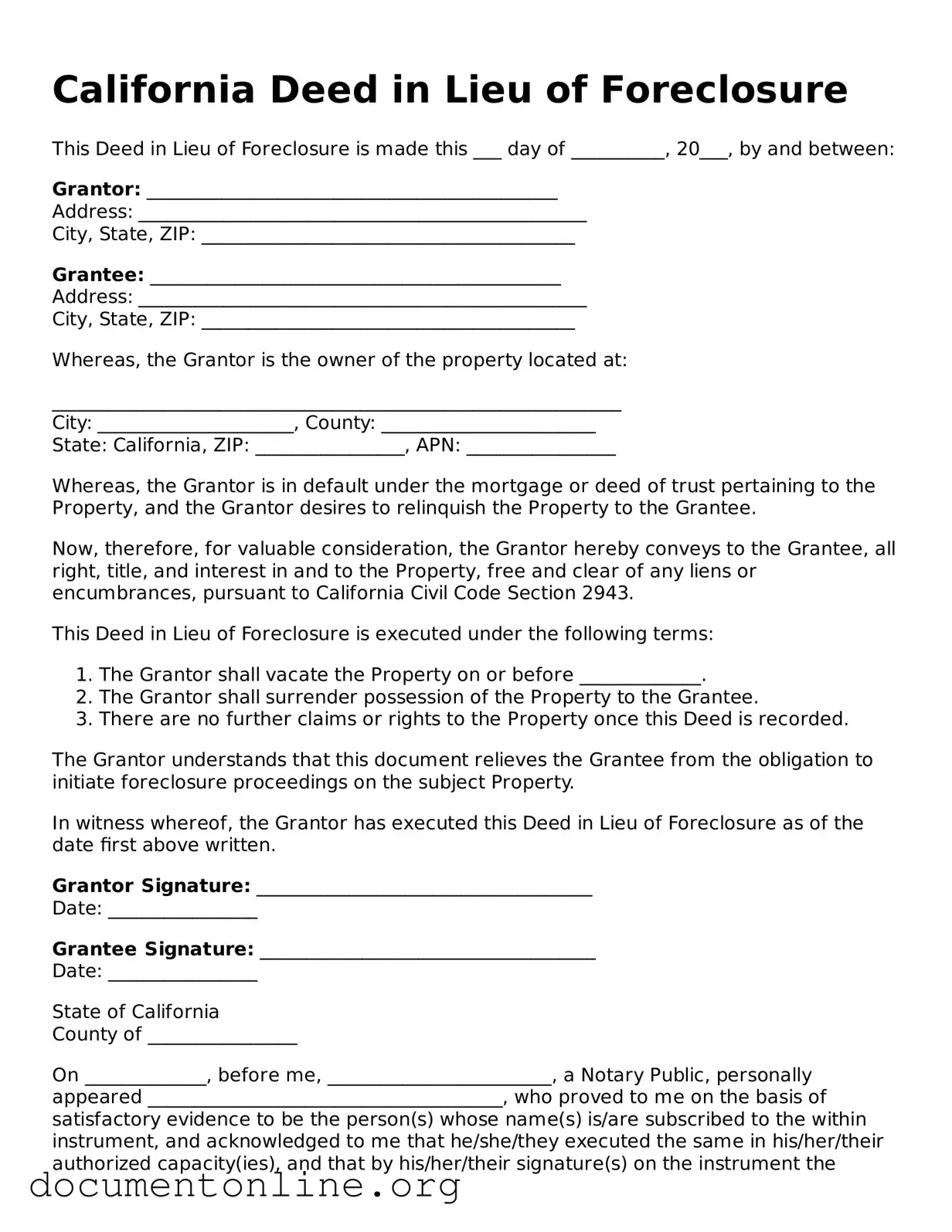 Free Deed in Lieu of Foreclosure Form for California State