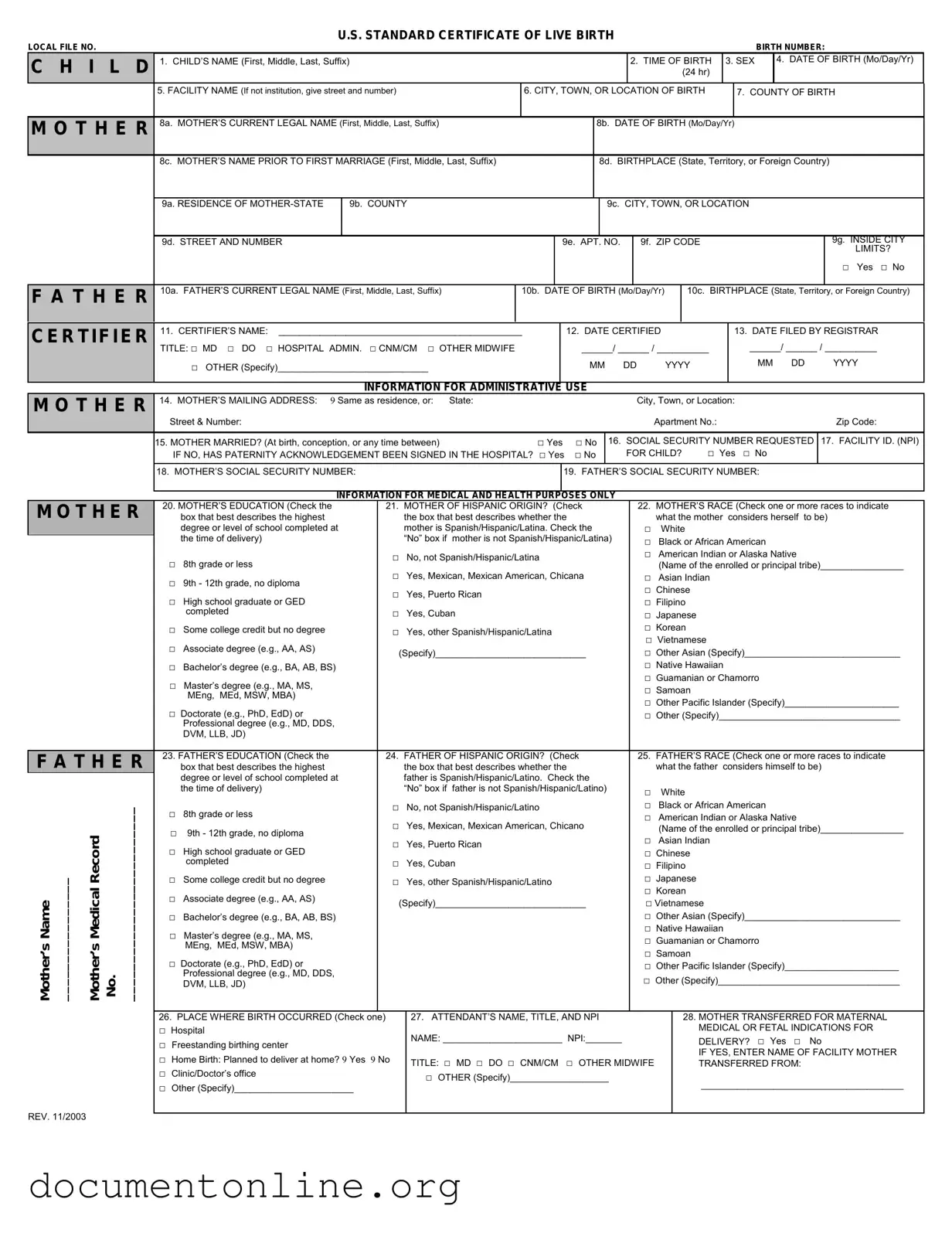 Free CDC U.S. Standard Certificate of Live Birth Template