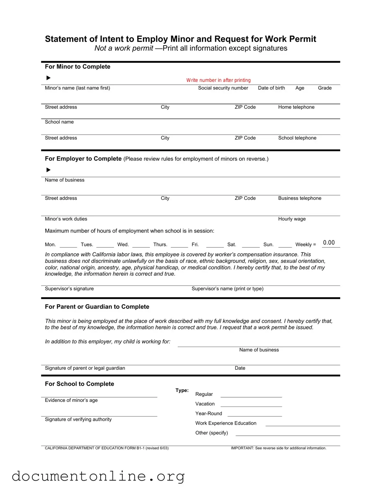 Free Statement of Intent to Employ Minor and Request for Work Permit Template