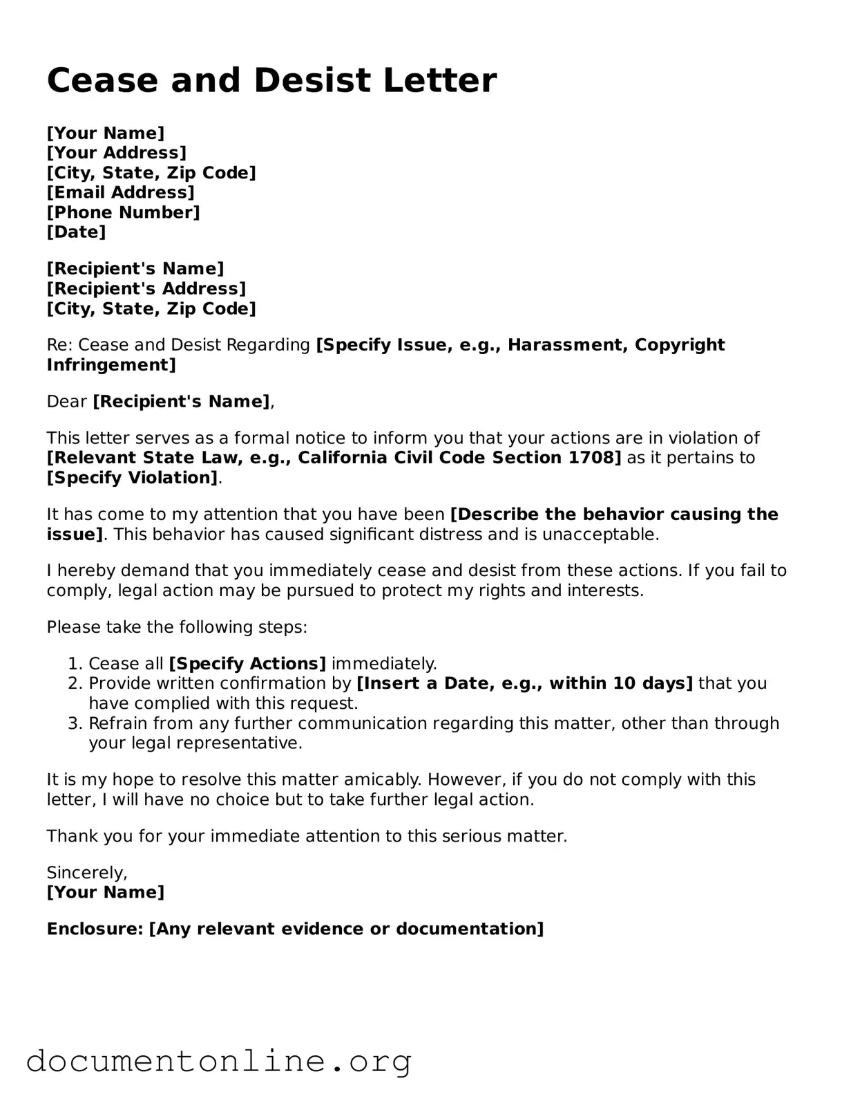 Free Cease and Desist Letter Form