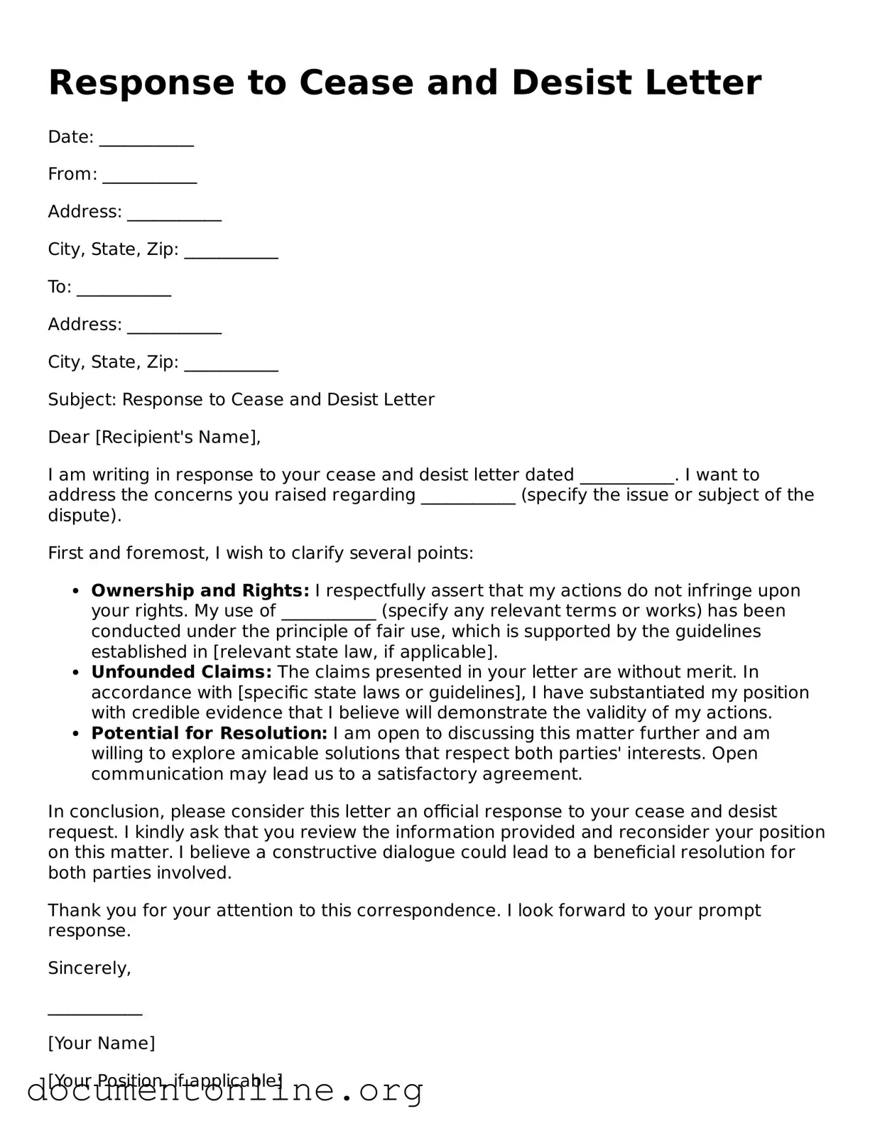 Free Response to a Cease and Desist Letter Form
