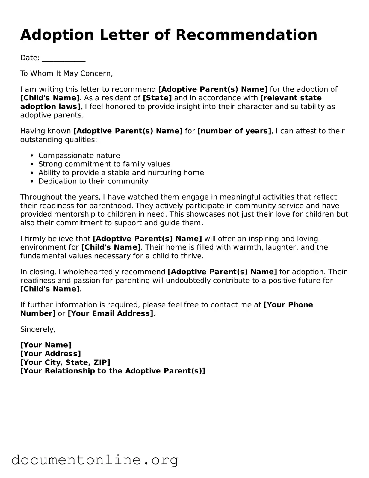 Free Adoption Letter of Recommendation Form