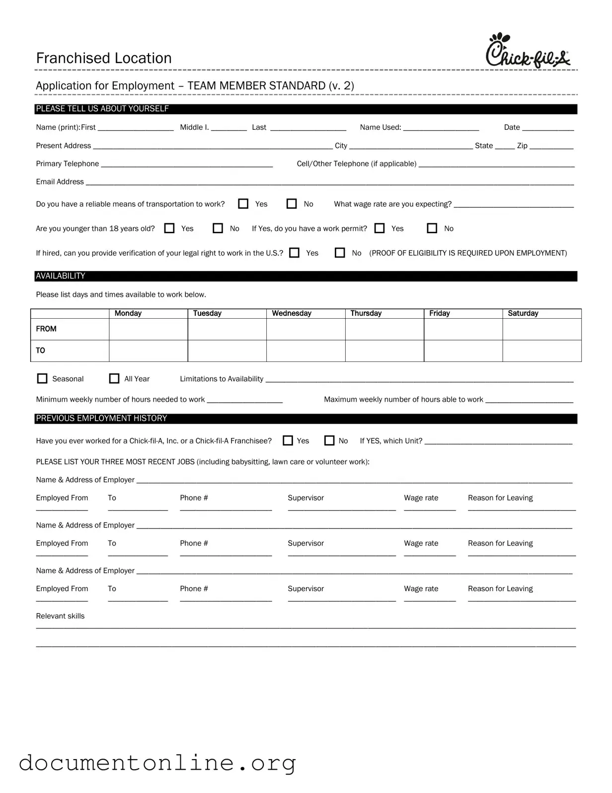 Free Chick Fil A Job Application Template