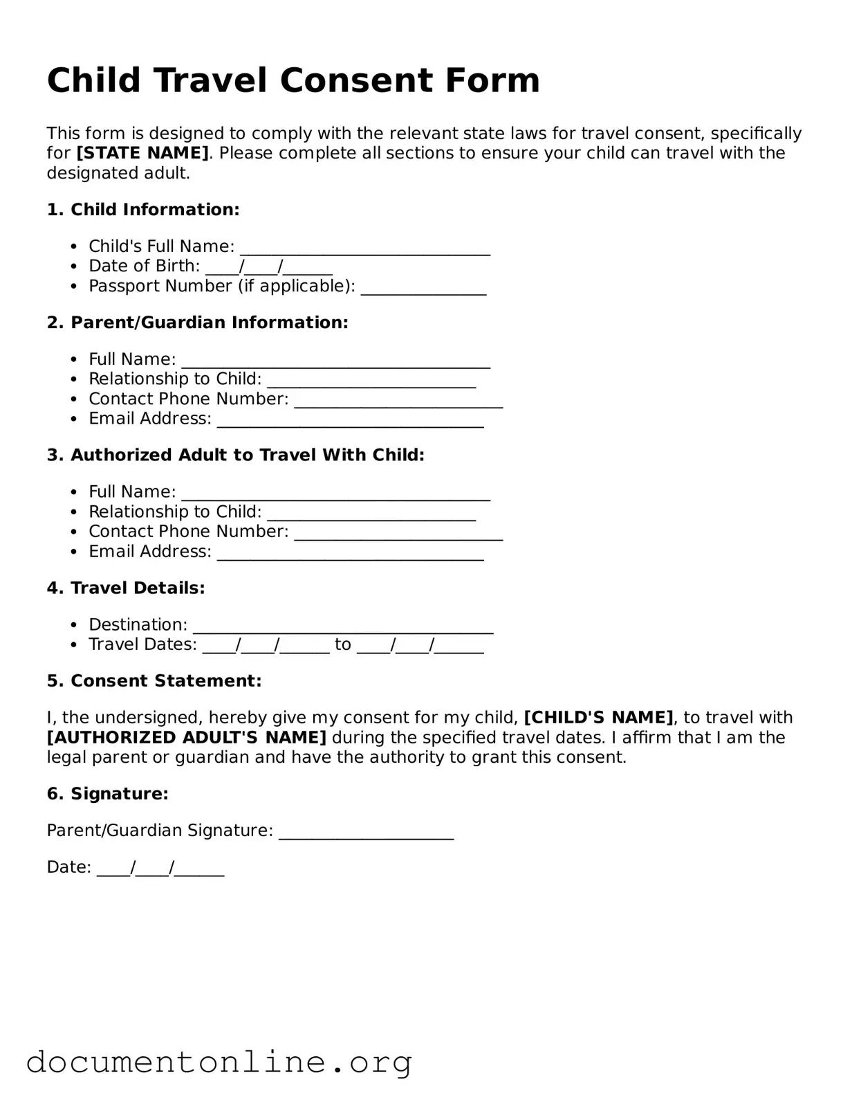 Free Child Travel Consent Form Form