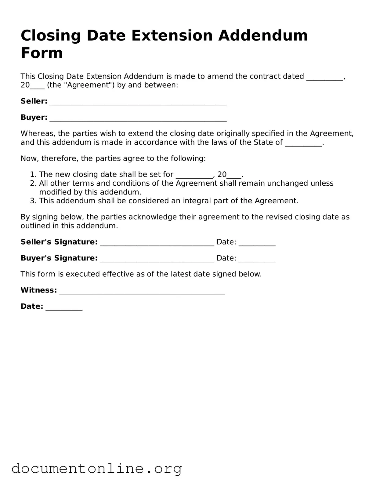 Free Closing Date Extension Addendum Form Form