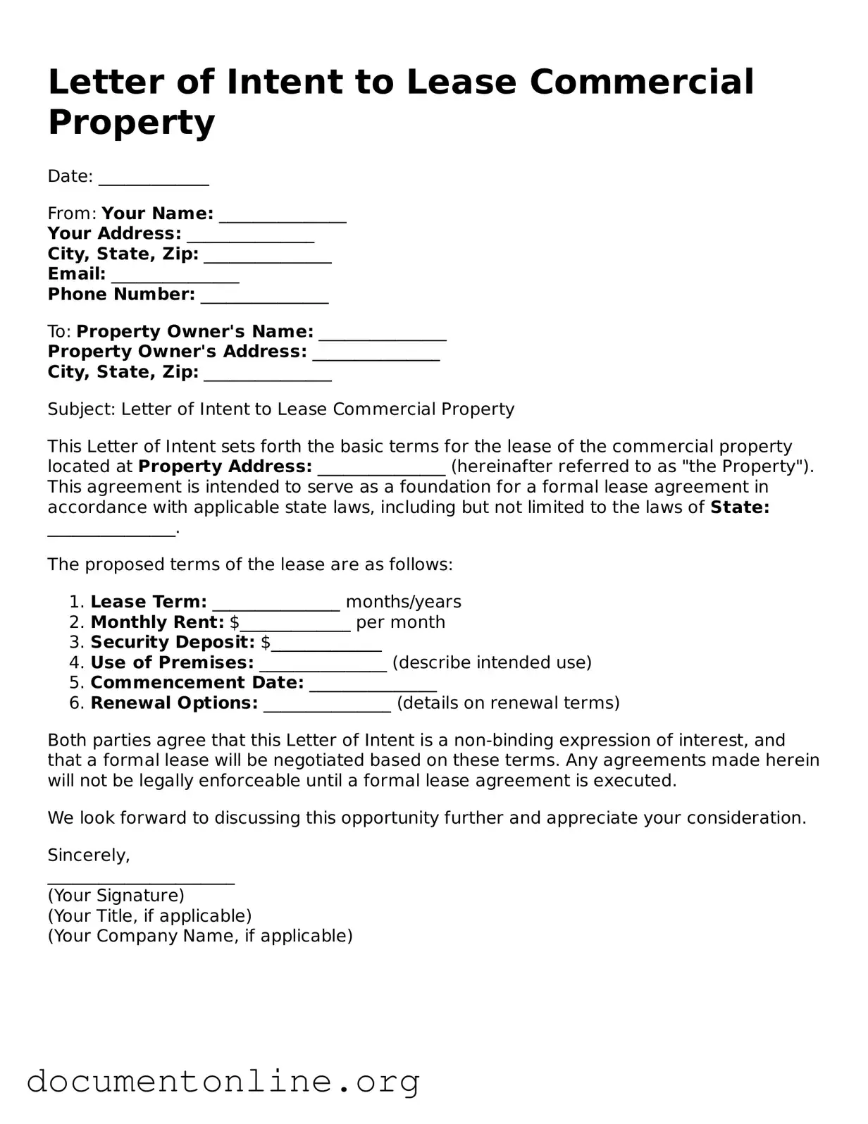Free Letter of Intent to Lease Commercial Property Form