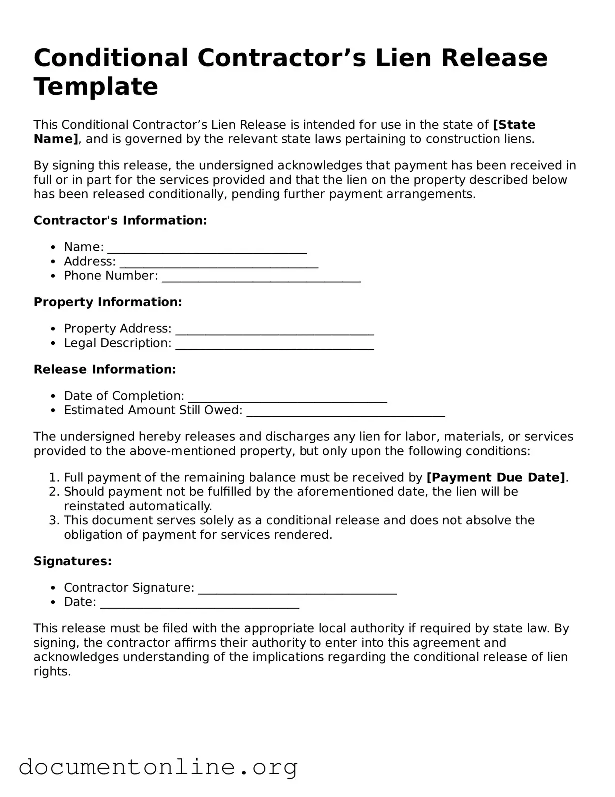 Free Conditional Contractor’s Lien Release Form