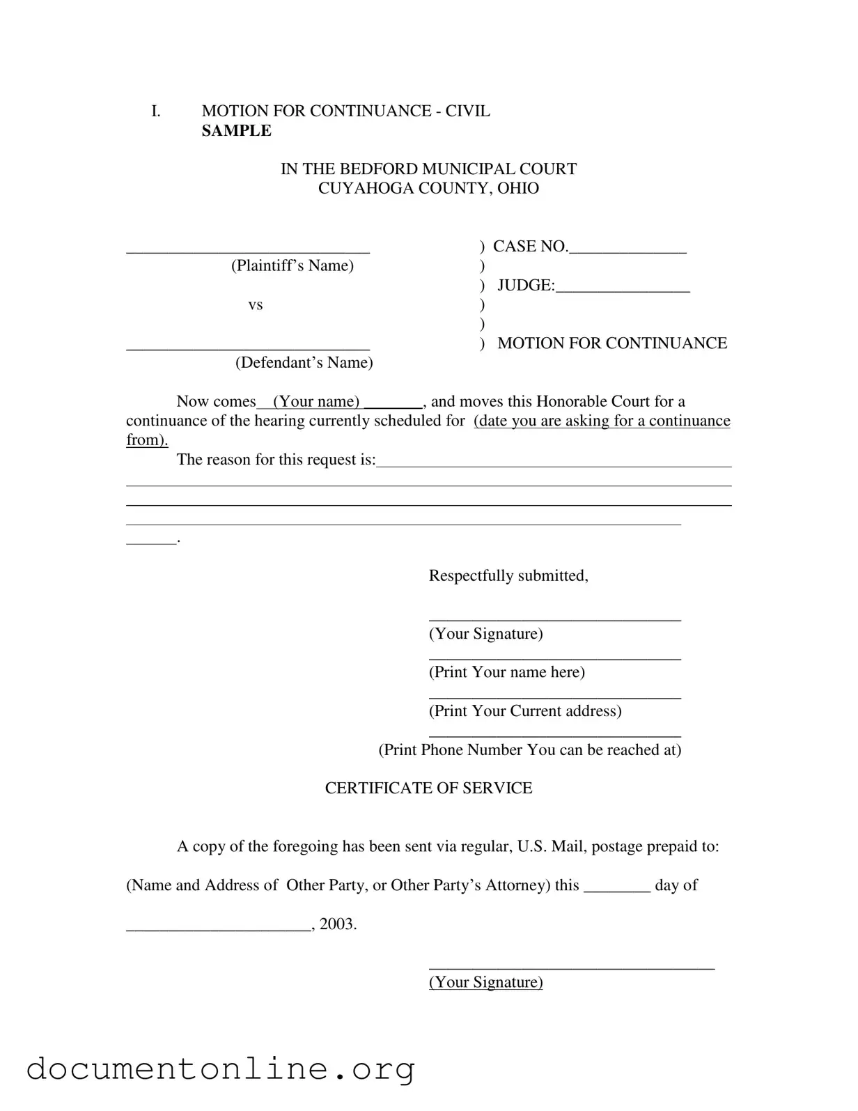 Free Motion For Continuance Template