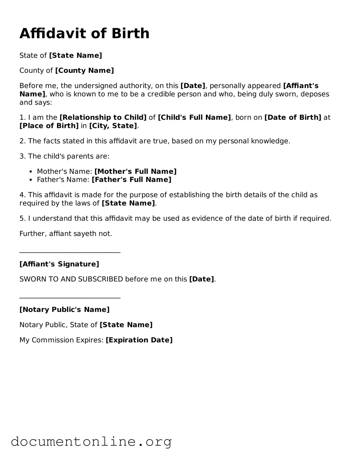 Free Affidavit of Birth Form