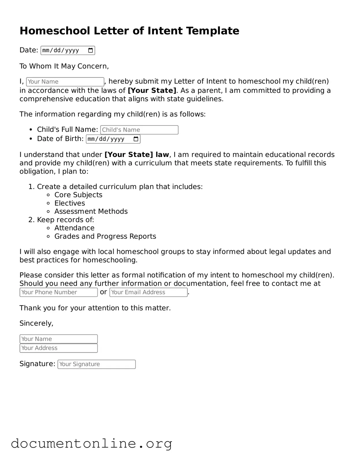 Free Homeschool Letter of Intent Form