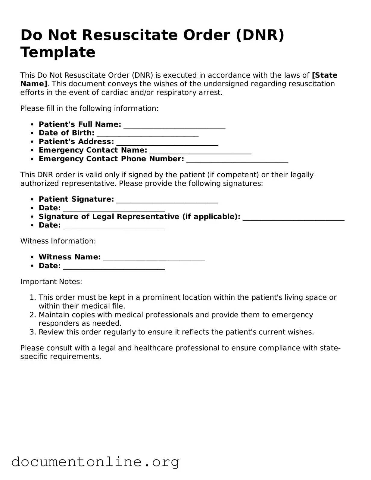 Free Do Not Resuscitate Order Form