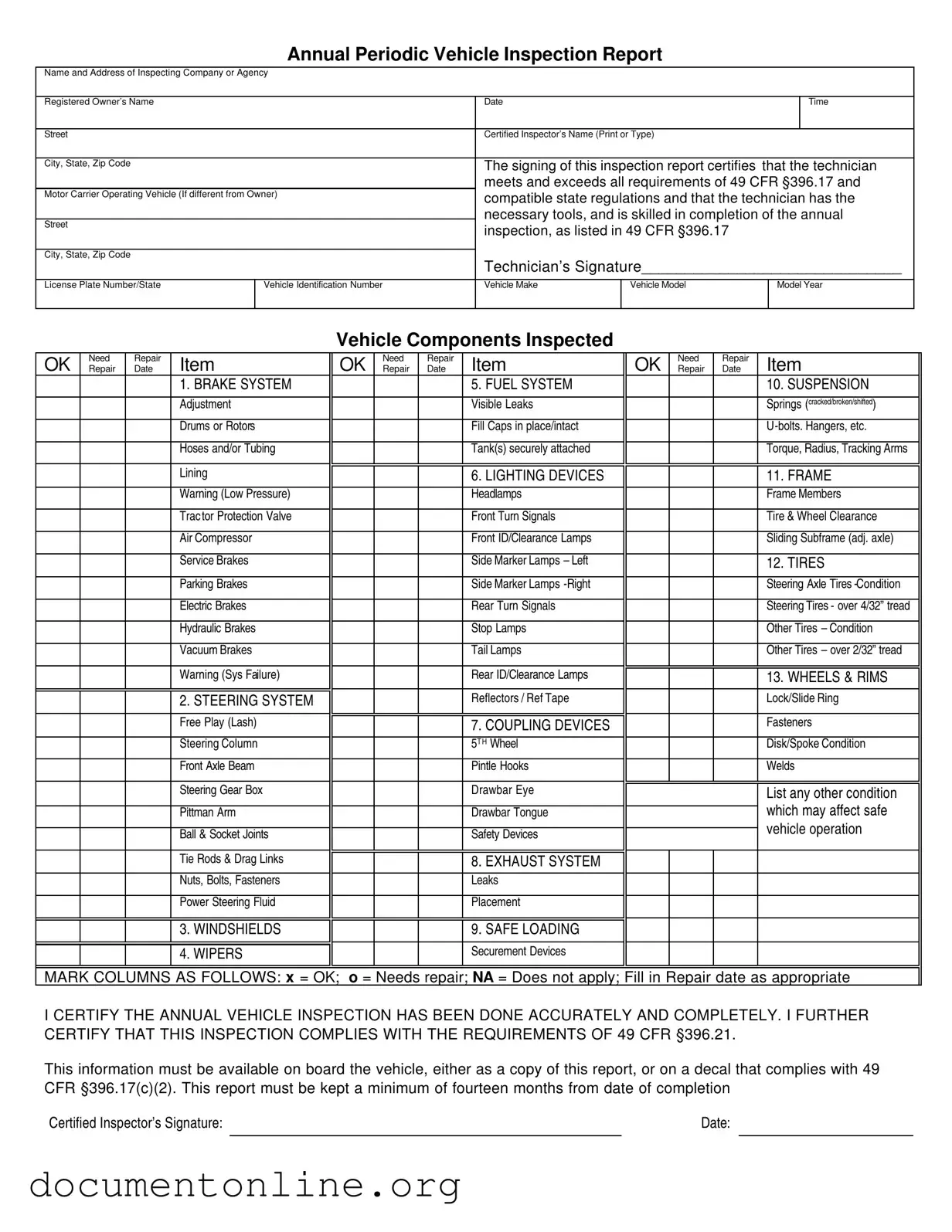 Free Dot Vehicle Inspection Template