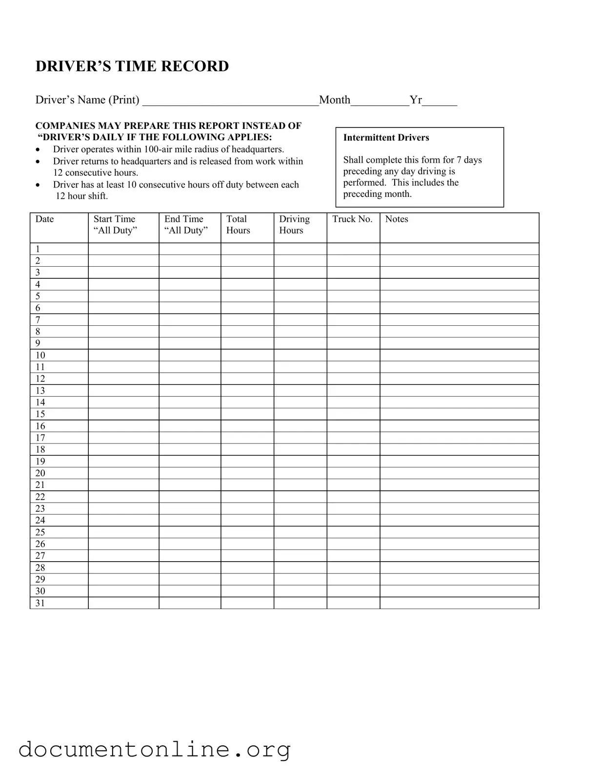 Free Driver Time Record Template