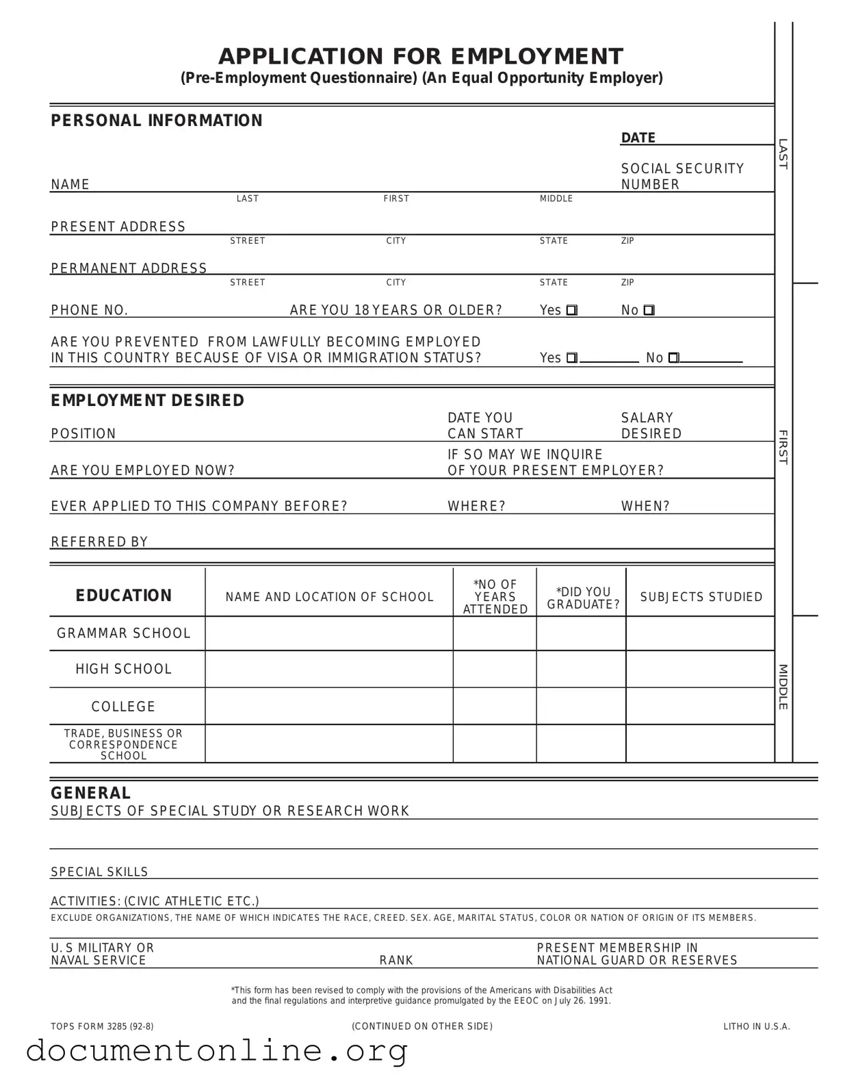 Free Employment Application Pdf Template