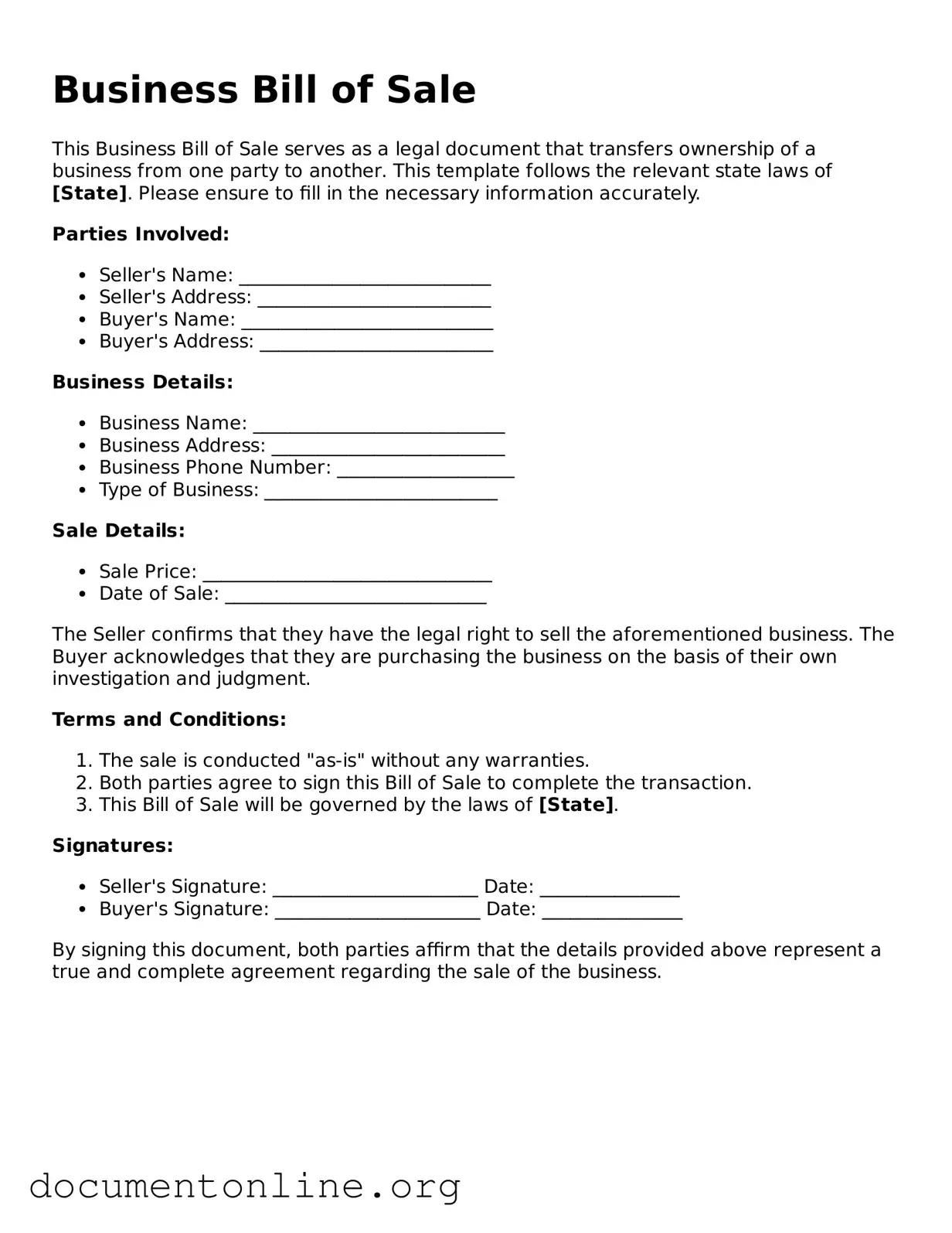 Free Business Bill of Sale Form
